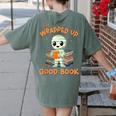 Cute Halloween Teacher Librarian Mummy Reading Books Women's Comfort Colors T-Shirt Back Print Moss