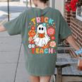 Groovy Halloween Trick Or Teach Retro Floral Ghost Teacher For Men Women Kids Women's Comfort Colors T-Shirt Back Print Moss