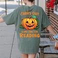 Halloween Teacher Librarian Pumpkin Reading Books Men Women Kids Women's Comfort Colors T-Shirt Back Print Moss
