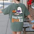 Halloween Teacher Women Cute Reading Ghost Read More Books Women's Comfort Colors T-Shirt Back Print Moss