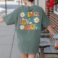 Peace Love Books Bookworm Librarian Reading Teacher Groovy Women's Comfort Colors T-Shirt Back Print Moss