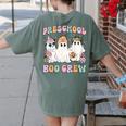 Preschool Boo Crew Groovy Halloween Floral Ghost Teacher Men Women Kids Women's Comfort Colors T-Shirt Back Print Moss