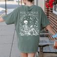 Read In Peace Skeleton Reading Teacher Spooky Halloween Women's Comfort Colors T-Shirt Back Print Moss
