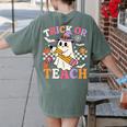 Retro Floral Ghost Trick Or Teach Groovy Teacher Halloween Women's Comfort Colors T-Shirt Back Print Moss