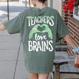 Teachers Love Brains Halloween Costume Trick Treat Zombie Women's Comfort Colors T-Shirt Back Print Moss