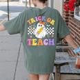 Trick Or Teach Groovy Halloween Teachers Women's Comfort Colors T-Shirt Back Print Moss