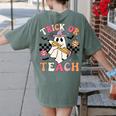 Trick Or Teach Groovy Teacher Halloween Retro Floral Ghost Women's Comfort Colors T-Shirt Back Print Moss
