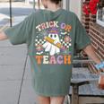 Trick Or Teach Groovy Teacher Halloween Retro Ghost Women's Comfort Colors T-Shirt Back Print Moss Trick Or Teach Groovy Teacher Halloween Retro Ghost Women's Comfort Colors T-Shirt Back Print Moss