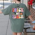 Trick Or Teach Retro Groovy Halloween Teacher Women's Comfort Colors T-Shirt Back Print Moss