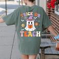 Trick Or Teach Teacher Groovy Ghost Halloween Teacher Women's Comfort Colors T-Shirt Back Print Moss