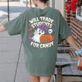 Will Trade Students For Candy Halloween Teacher Women's Comfort Colors T-Shirt Back Print Moss Will Trade Students For Candy Halloween Teacher Women's Comfort Colors T-Shirt Back Print Moss