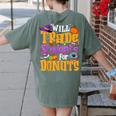 Will Trade Students For Donuts Halloween Teacher Women's Comfort Colors T-Shirt Back Print Moss