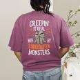 Creepin It Real Kindergarten Monsters Halloween Teacher Women's Comfort Colors T-Shirt Back Print Berry Creepin It Real Kindergarten Monsters Halloween Teacher Women's Comfort Colors T-Shirt Back Print Berry