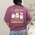 Creepin It Real With Kindergarten Monsters Halloween Teacher Women's Comfort Colors T-Shirt Back Print Berry