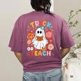 Groovy Halloween Trick Or Teach Retro Floral Ghost Teacher For Men Women Kids Women's Comfort Colors T-Shirt Back Print Berry