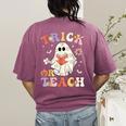 Groovy Halloween Trick Or Teach Retro Floral Ghost Teacher Women's Comfort Colors T-Shirt Back Print Berry