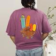 One Thankful Teacher Thanksgiving Turkey Peace Hand Sign Women's Comfort Colors T-Shirt Back Print Berry
