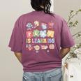 Teacher Groovy Play Is Learning Back To School Women's Comfort Colors T-Shirt Back Print Berry