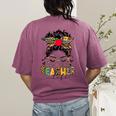 Teacher Life Messy Bun Glasses Leopard Sunflower Women's Comfort Colors T-Shirt Back Print Berry