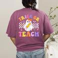 Trick Or Teach Groovy Halloween Teachers Women's Comfort Colors T-Shirt Back Print Berry