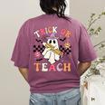 Trick Or Teach Groovy Teacher Halloween Retro Floral Ghost Women's Comfort Colors T-Shirt Back Print Berry