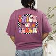 Trick Or Teach Retro Groovy Halloween Teacher Women's Comfort Colors T-Shirt Back Print Berry