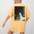 Ghost Library Halloween Book Reading Books Lover Teacher Women's Comfort Colors T-Shirt Back Print Mustard