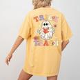 Groovy Halloween Trick Or Teach Retro Floral Ghost Teacher Women's Comfort Colors T-Shirt Back Print Mustard