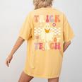Groovy Teacher Halloween Retro Trick Or Teach Floral Ghost Women's Comfort Colors T-Shirt Back Print Mustard Groovy Teacher Halloween Retro Trick Or Teach Floral Ghost Women's Comfort Colors T-Shirt Back Print Mustard