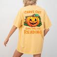 Halloween Teacher Librarian Pumpkin Reading Books Men Women Kids Women's Comfort Colors T-Shirt Back Print Mustard