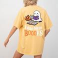 Halloween Teacher Women Cute Reading Ghost Read More Books Women's Comfort Colors T-Shirt Back Print Mustard