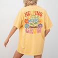 Helping Little Minds Grow Teacher First Day Back To School Women's Comfort Colors T-Shirt Back Print Mustard