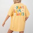 Peace Love Books Bookworm Librarian Reading Teacher Groovy Women's Comfort Colors T-Shirt Back Print Mustard