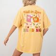 Retro Fall In Love With Learning Pumpkin Autumn Teacher Women's Comfort Colors T-Shirt Back Print Mustard