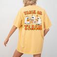 Teacher Halloween Trick Or Teach Retro Groovy Floral Ghost Women's Comfort Colors T-Shirt Back Print Mustard Teacher Halloween Trick Or Teach Retro Groovy Floral Ghost Women's Comfort Colors T-Shirt Back Print Mustard