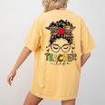 Teacher Life Messy Bun Glasses Leopard Sunflower Women's Comfort Colors T-Shirt Back Print Mustard