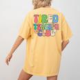 Tired Teachers Club Groovy Teachers Back To School Women's Comfort Colors T-Shirt Back Print Mustard