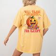Will Trade Students For Candy Teacher Cute Halloween Pumpkin Women's Comfort Colors T-Shirt Back Print Mustard Will Trade Students For Candy Teacher Cute Halloween Pumpkin Women's Comfort Colors T-Shirt Back Print Mustard
