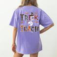Fall Holiday Themed Thanksgiving Halloween Teacher Trick Or Women's Comfort Colors T-Shirt Back Print Violet