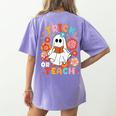 Groovy Halloween Trick Or Teach Retro Floral Ghost Teacher For Men Women Kids Women's Comfort Colors T-Shirt Back Print Violet
