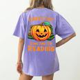 Halloween Teacher Librarian Pumpkin Reading Books Men Women Kids Women's Comfort Colors T-Shirt Back Print Violet