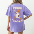 Halloween Teacher Shirts Women School Trick Or Teach Groovy Women's Comfort Colors T-Shirt Back Print Violet
