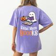 Halloween Teacher Women Cute Reading Ghost Read More Books Women's Comfort Colors T-Shirt Back Print Violet