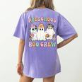 Preschool Boo Crew Groovy Halloween Floral Ghost Teacher Men Women Kids Women's Comfort Colors T-Shirt Back Print Violet