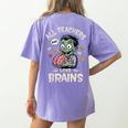 Teachers Love Brains Tee-Shirt Men Women Halloween Teacher Women's Comfort Colors T-Shirt Back Print Violet