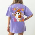 Trick Or Teach Cute Ghost Coffee Pumpkins Halloween Teacher Women's Comfort Colors T-Shirt Back Print Violet Trick Or Teach Cute Ghost Coffee Pumpkins Halloween Teacher Women's Comfort Colors T-Shirt Back Print Violet
