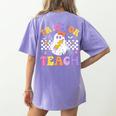 Trick Or Teach Groovy Halloween Teachers Women's Comfort Colors T-Shirt Back Print Violet