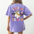 Trick Or Teach Groovy Teacher Halloween Retro Floral Ghost Women's Comfort Colors T-Shirt Back Print Violet