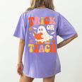 Trick Or Teach Halloween Shirt For Teacher Kids Floral Ghost Women's Comfort Colors T-Shirt Back Print Violet