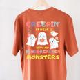 Creepin It Real With Kindergarten Monsters Halloween Teacher Women's Comfort Colors T-Shirt Back Print Yam